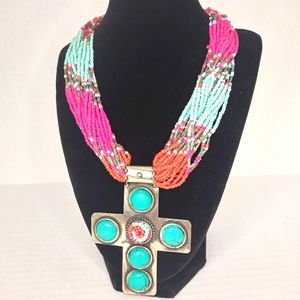 Multi strand seed bead cross necklace